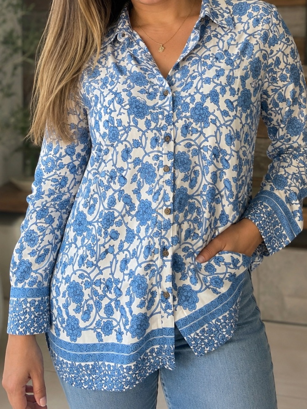 Aratta silente journey Blue Floral Button-Down Shirt with Collar size XL